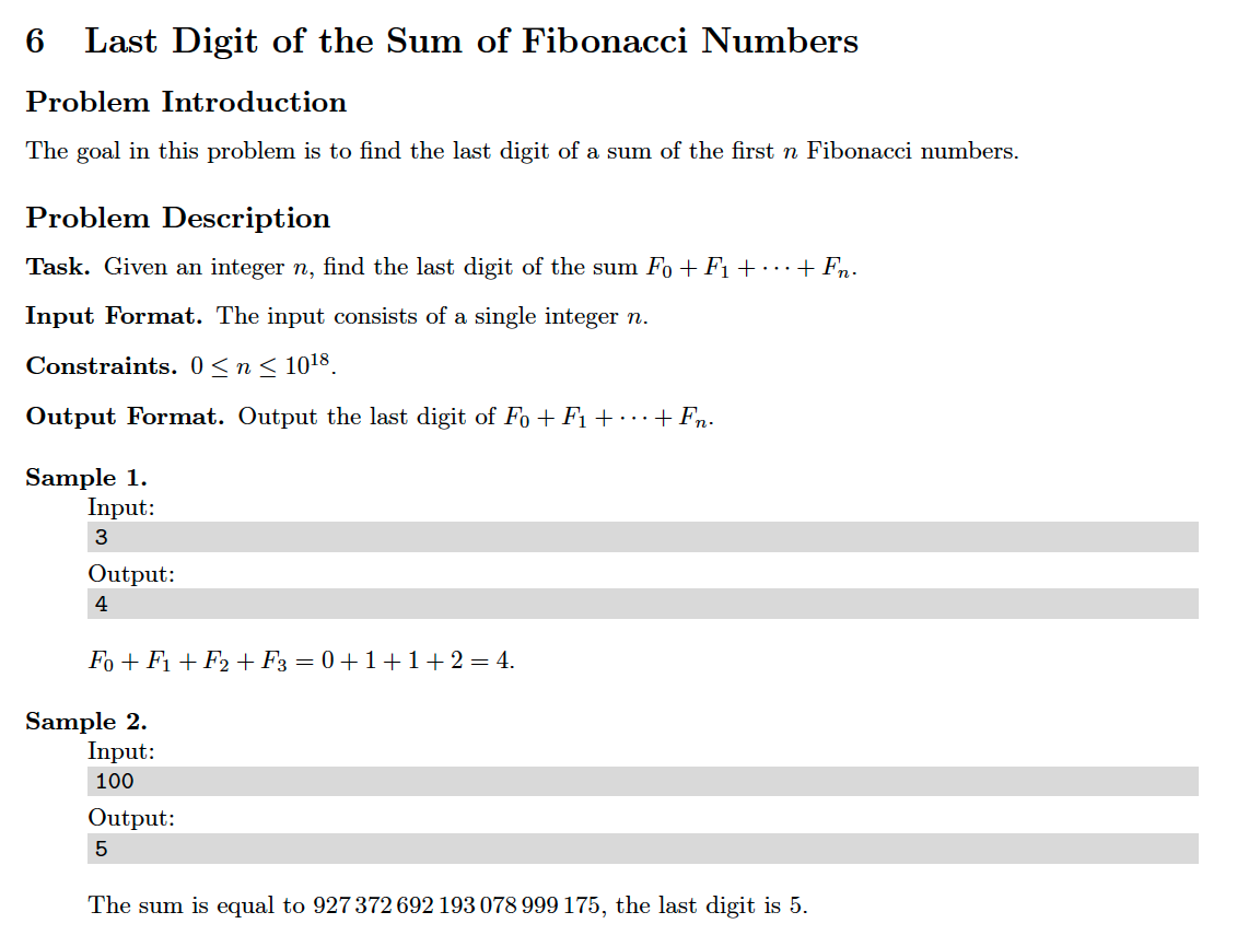 6 Last Digit of the Sum of Fibonacci Numbers | Algorithms-UCSanDiego